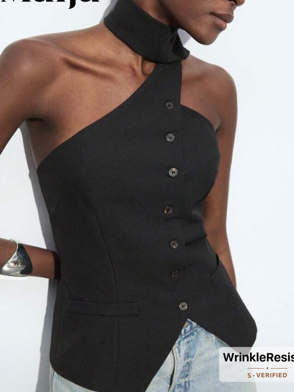 Asymmetric One-Shoulder Black Button Front Top